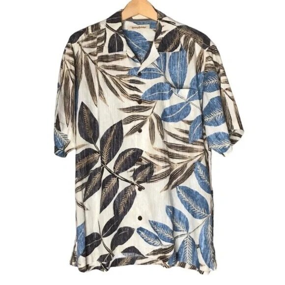 Tommy Bahama Large Camp Shirt Hawaiian Tropical Short Sleeve Cream Blue Linen - Picture 1 of 11